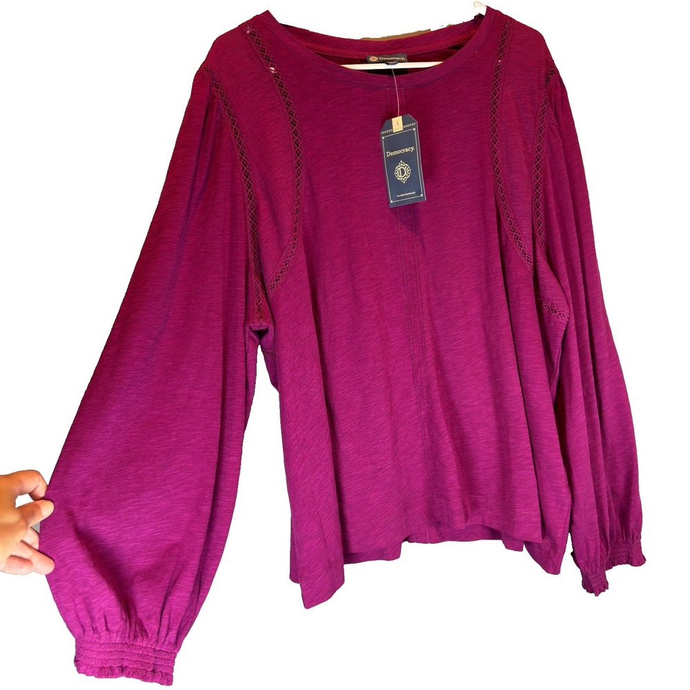 NWT Democracy 2X Plum Lace Inset Cotton Modal Knit Pullover Top Bishop Sleeve